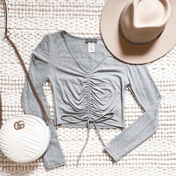 New Gray Cinched Long Sleeve Crop Top - Picture 2 of 8